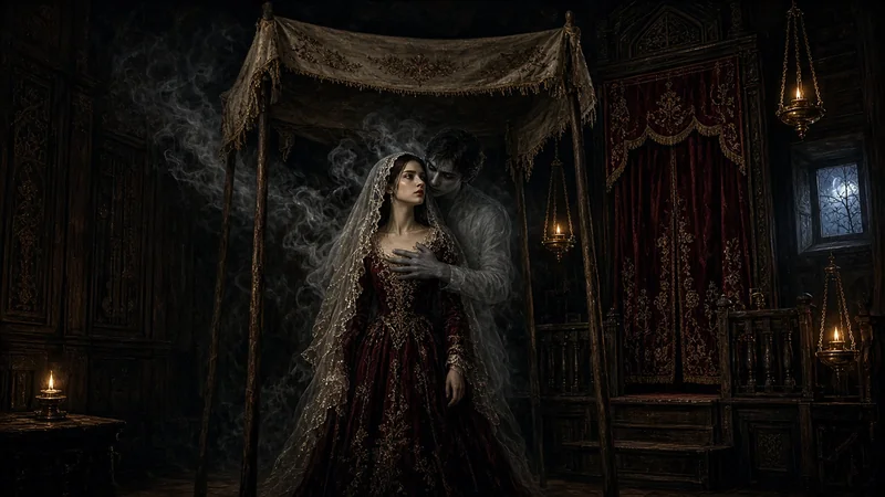 A bride in a crimson gown stands under a wedding canopy in a wooden shtetl synagogue as a pale ghostly dybbuk clings to her, oil lamps glowing in the dark