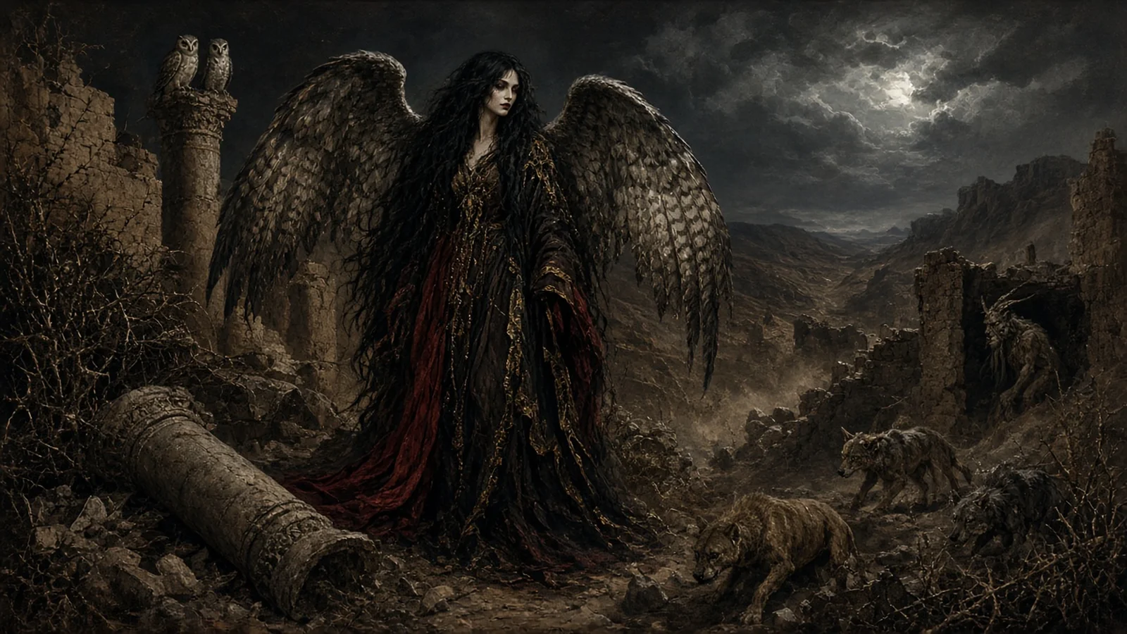 Lilith with long unbound hair and mottled owl-like wings stands among moonlit desert ruins, with owls on a broken column, jackals at her feet, and a horned satyr in the shadows