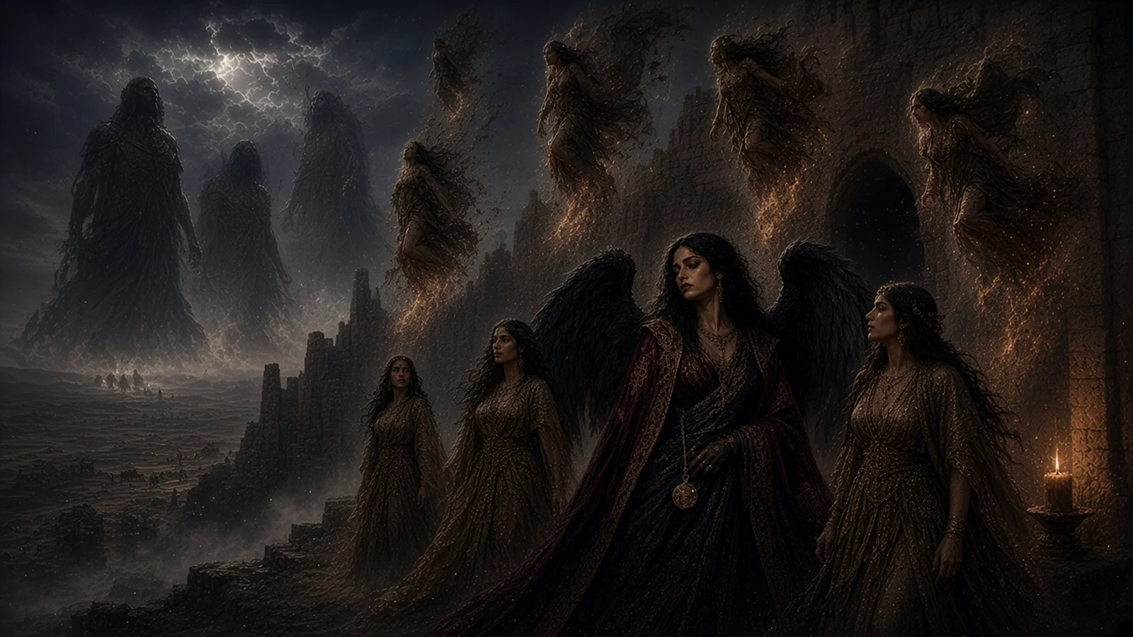 Watchers of flaming fire settle into human form beside women on a dark crag, while colossal Nephilim giants tower over a misty plain where men look like grasshoppers